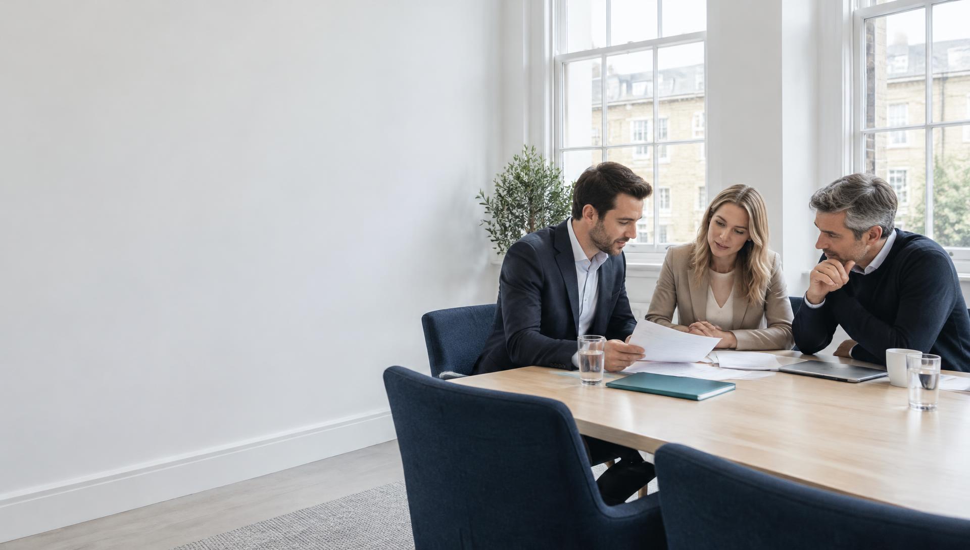 Advisers and a business owner reviewing financial documents together